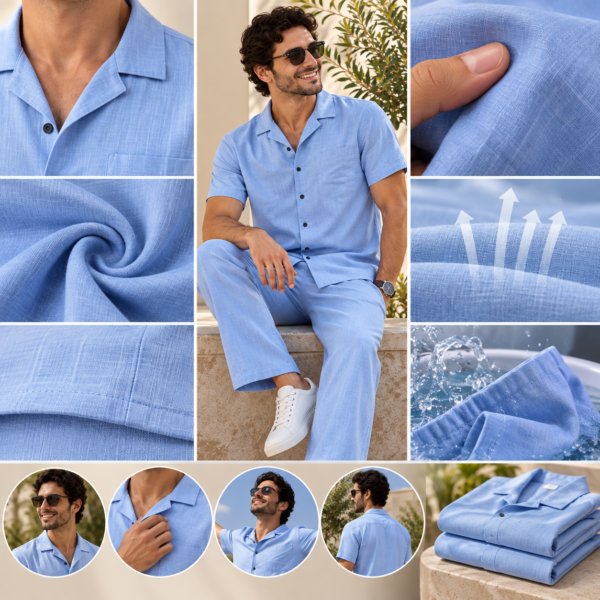 Men’s light blue short sleeve shirt and trousers co-ord set by Maxis Brand