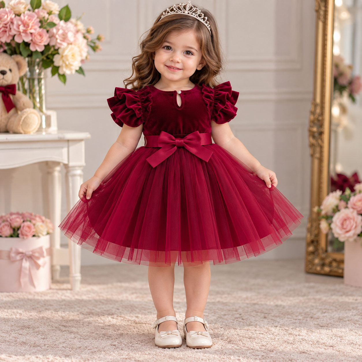 Burgundy red ruffle sleeve girls party dress with bow by Maxis Brand