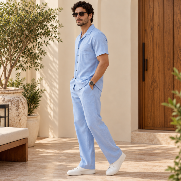 Men’s light blue short sleeve shirt and trousers co-ord set by Maxis Brand