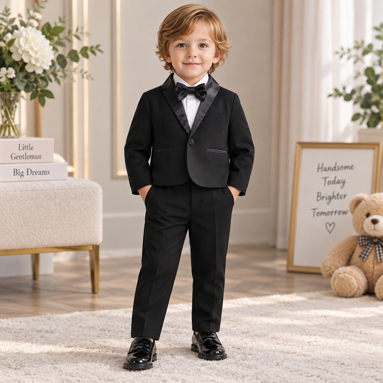 Black tuxedo suit set with bow tie for boys by Maxis Brand