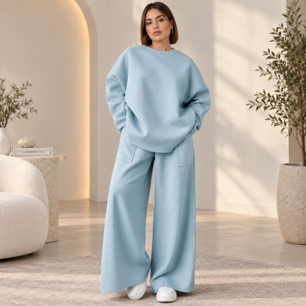 Women’s light blue relaxed sweatshirt and wide-leg pants co-ord set
