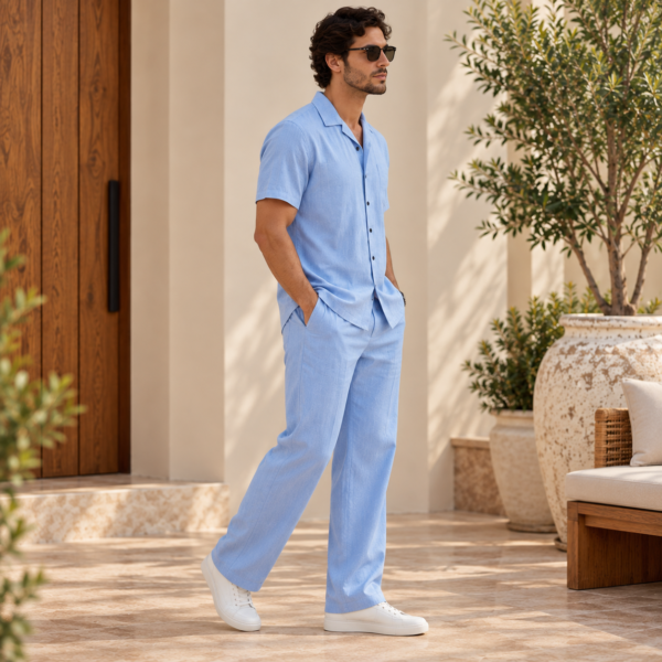Men’s light blue short sleeve shirt and trousers co-ord set by Maxis Brand