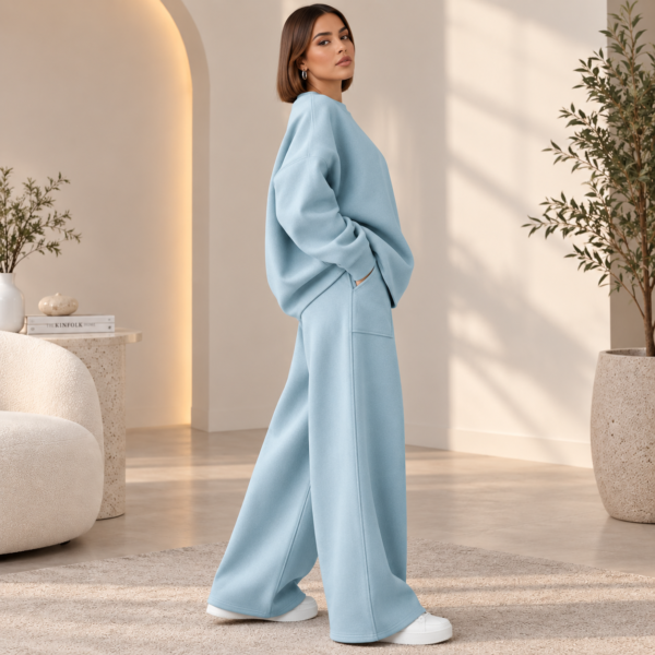 Women’s light blue relaxed sweatshirt and wide-leg pants co-ord set