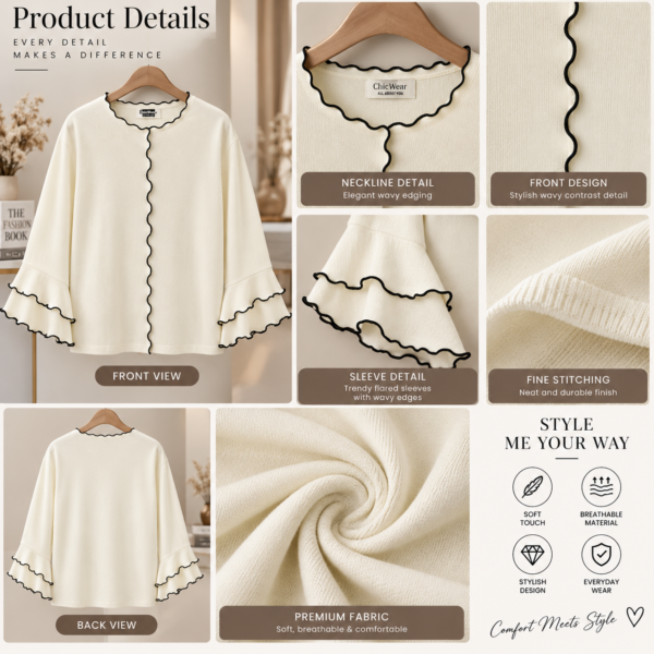Women’s cream long sleeve top with black wavy contrast trim