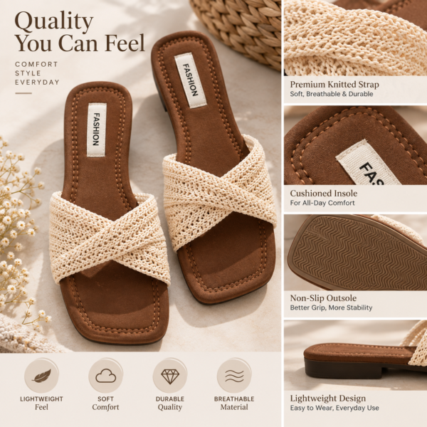 Women’s beige woven cross-strap flat sandals with brown footbed
