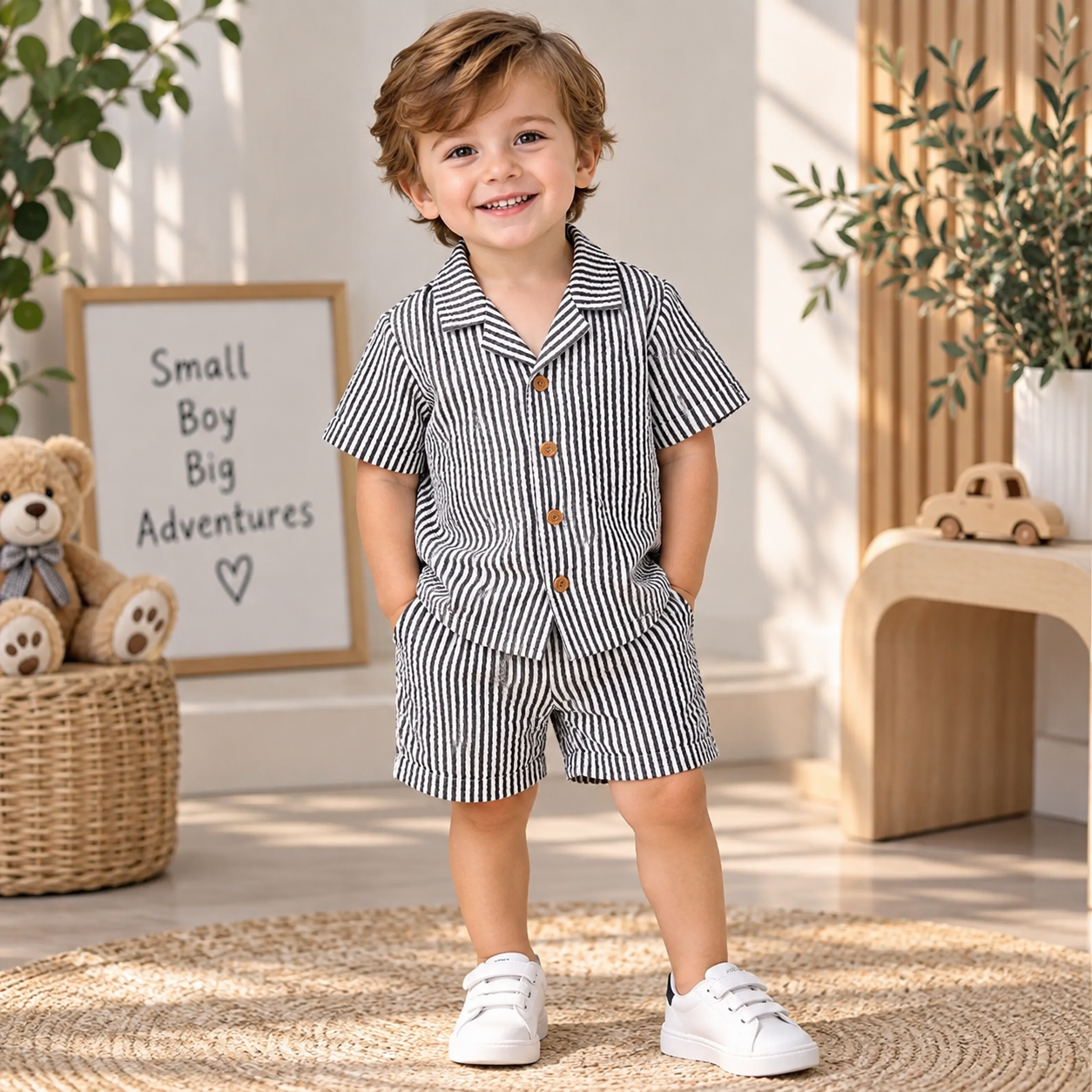 Black and white striped boys shirt and shorts set by Maxis Brand