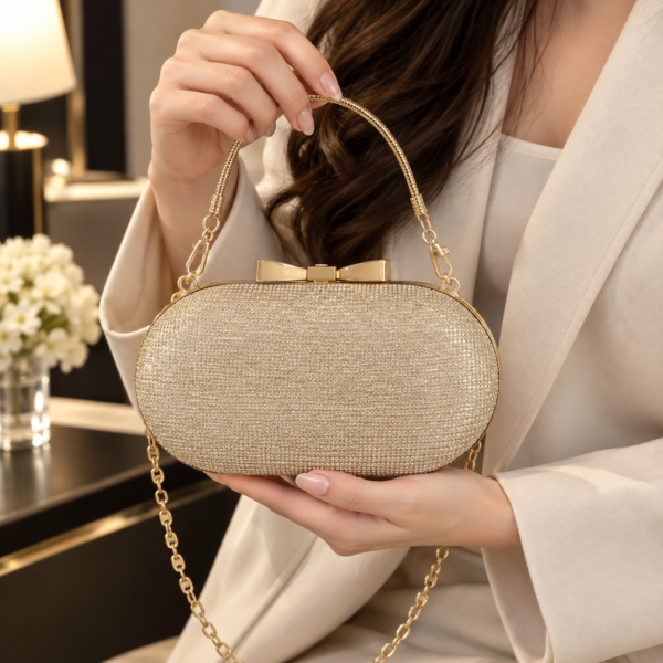 Champagne gold rhinestone bow clutch bag with chain strap by Maxis Brand