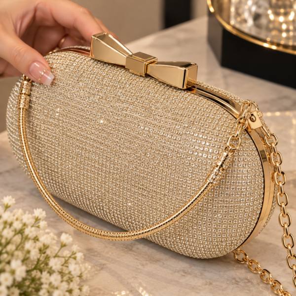Champagne gold rhinestone bow clutch bag with chain strap by Maxis Brand
