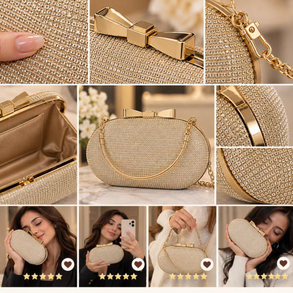 Champagne gold rhinestone bow clutch bag with chain strap by Maxis Brand