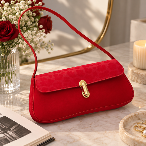 Red shoulder bag with gold-tone clasp and long strap by Maxis Brand