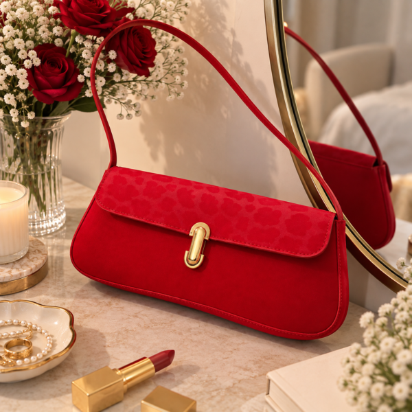Red shoulder bag with gold-tone clasp and long strap by Maxis Brand