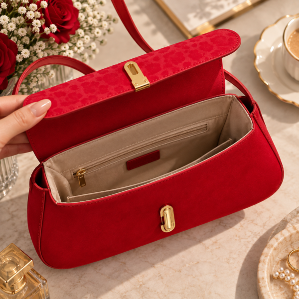 Red shoulder bag with gold-tone clasp and long strap by Maxis Brand