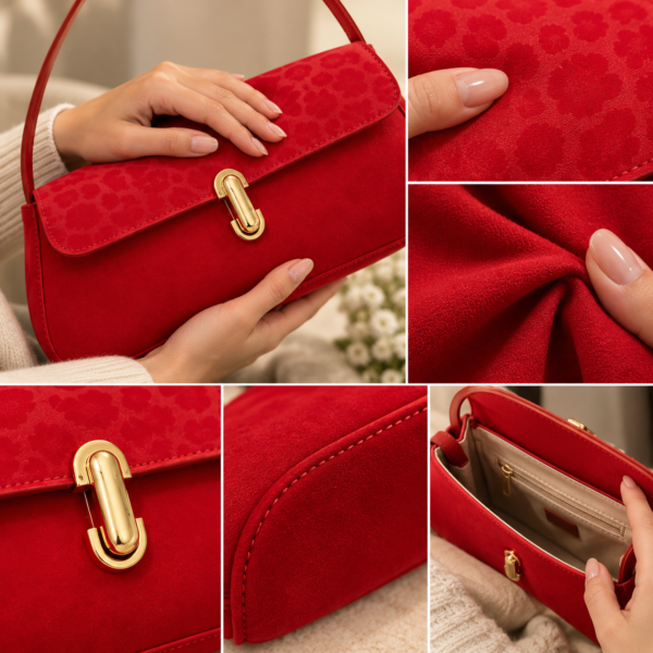 Red shoulder bag with gold-tone clasp and long strap by Maxis Brand