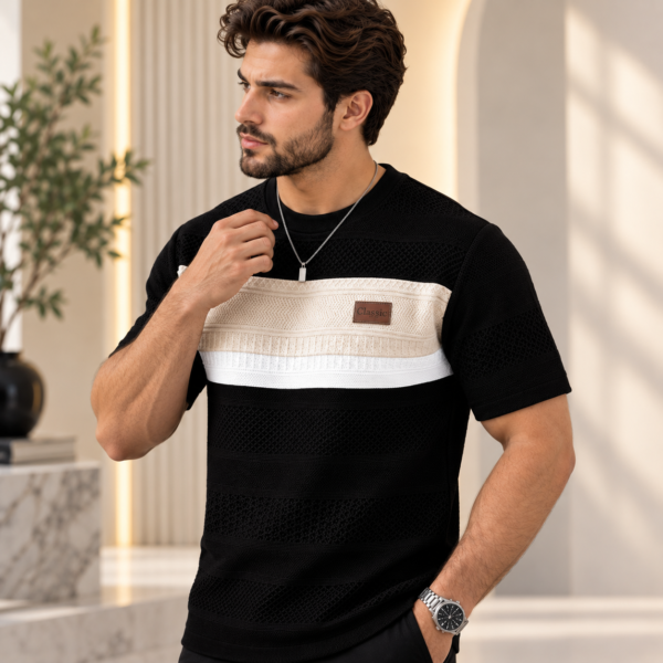 Men’s black textured short sleeve T-shirt with beige and white contrast chest panel