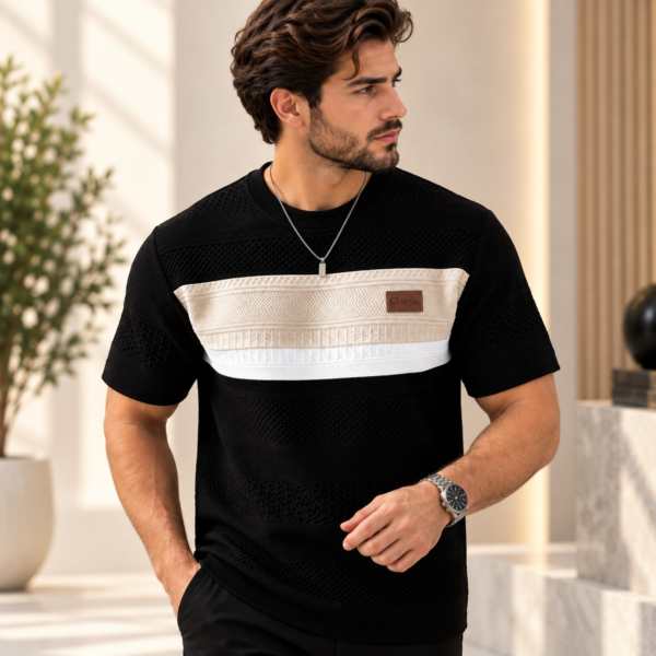 Men’s black textured short sleeve T-shirt with beige and white contrast chest panel