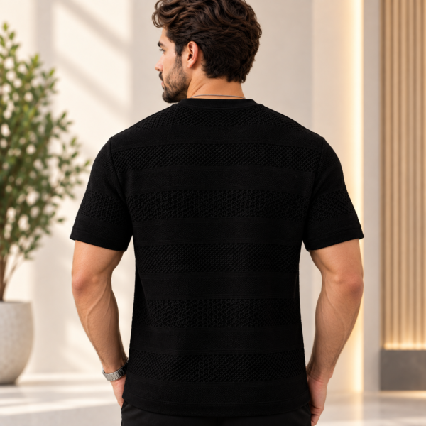 Men’s black textured short sleeve T-shirt with beige and white contrast chest panel