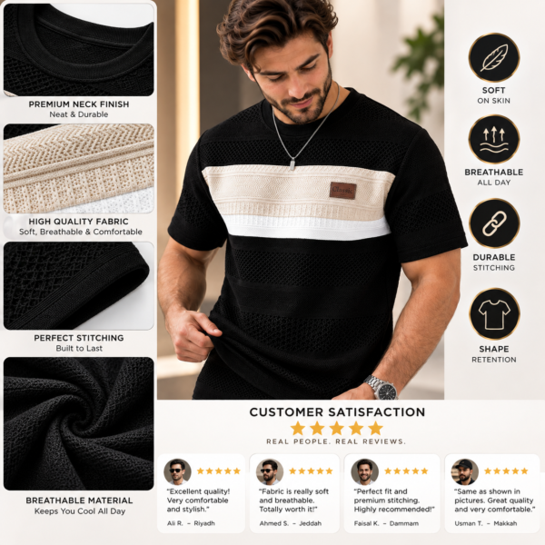 Men’s black textured short sleeve T-shirt with beige and white contrast chest panel