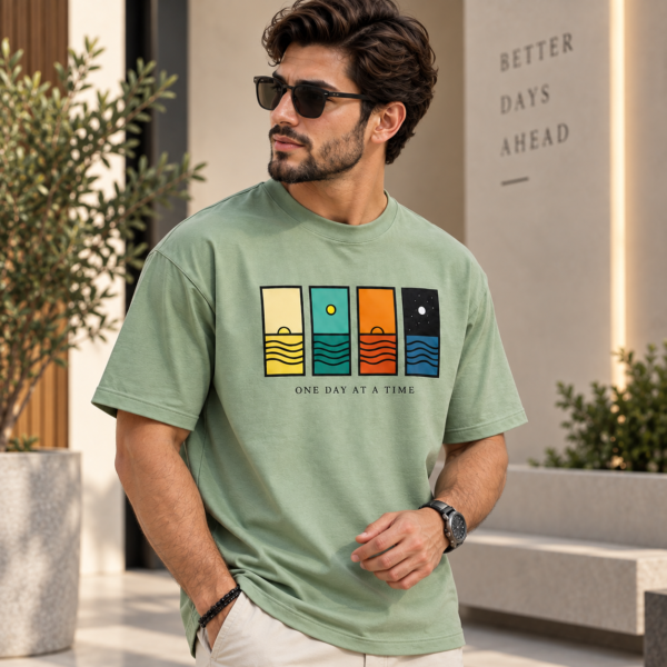Men’s sage green graphic T-shirt with four-panel sun moon and wave print