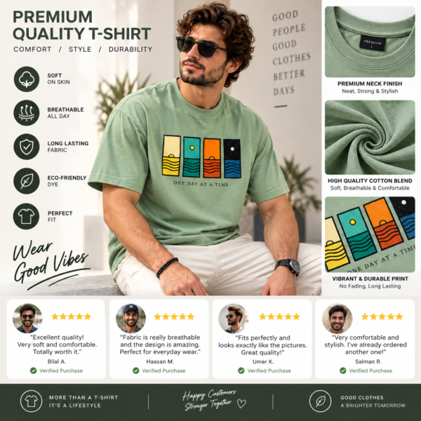 Men’s sage green graphic T-shirt with four-panel sun moon and wave print