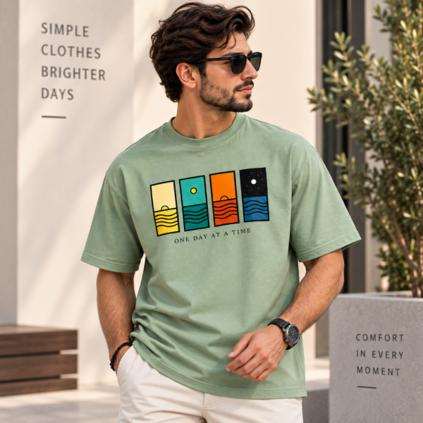 Men’s sage green graphic T-shirt with four-panel sun moon and wave print