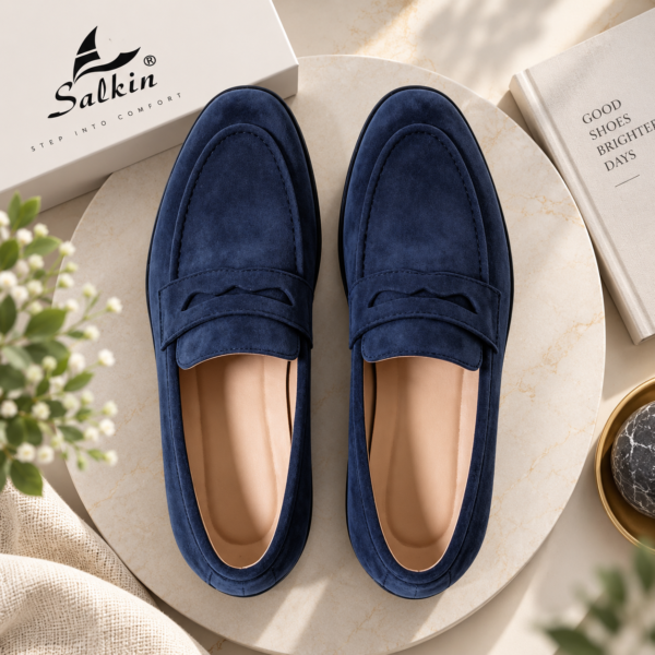 Men’s navy blue suede-look penny loafers with vamp strap detail