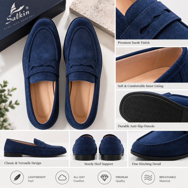 Men’s navy blue suede-look penny loafers with vamp strap detail