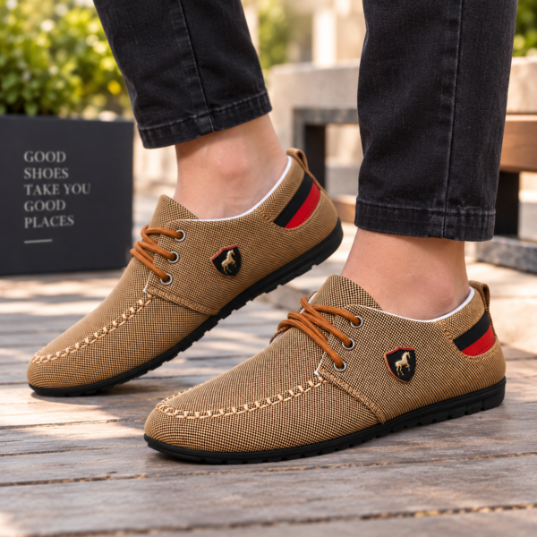 Men’s tan brown textured lace-up casual loafers with moccasin stitching