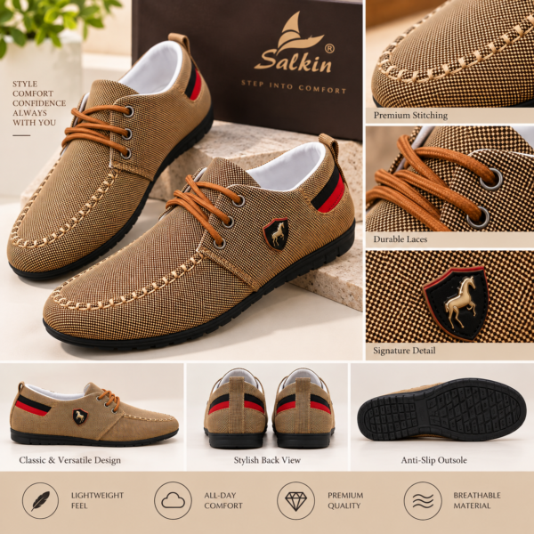 Men’s tan brown textured lace-up casual loafers with moccasin stitching