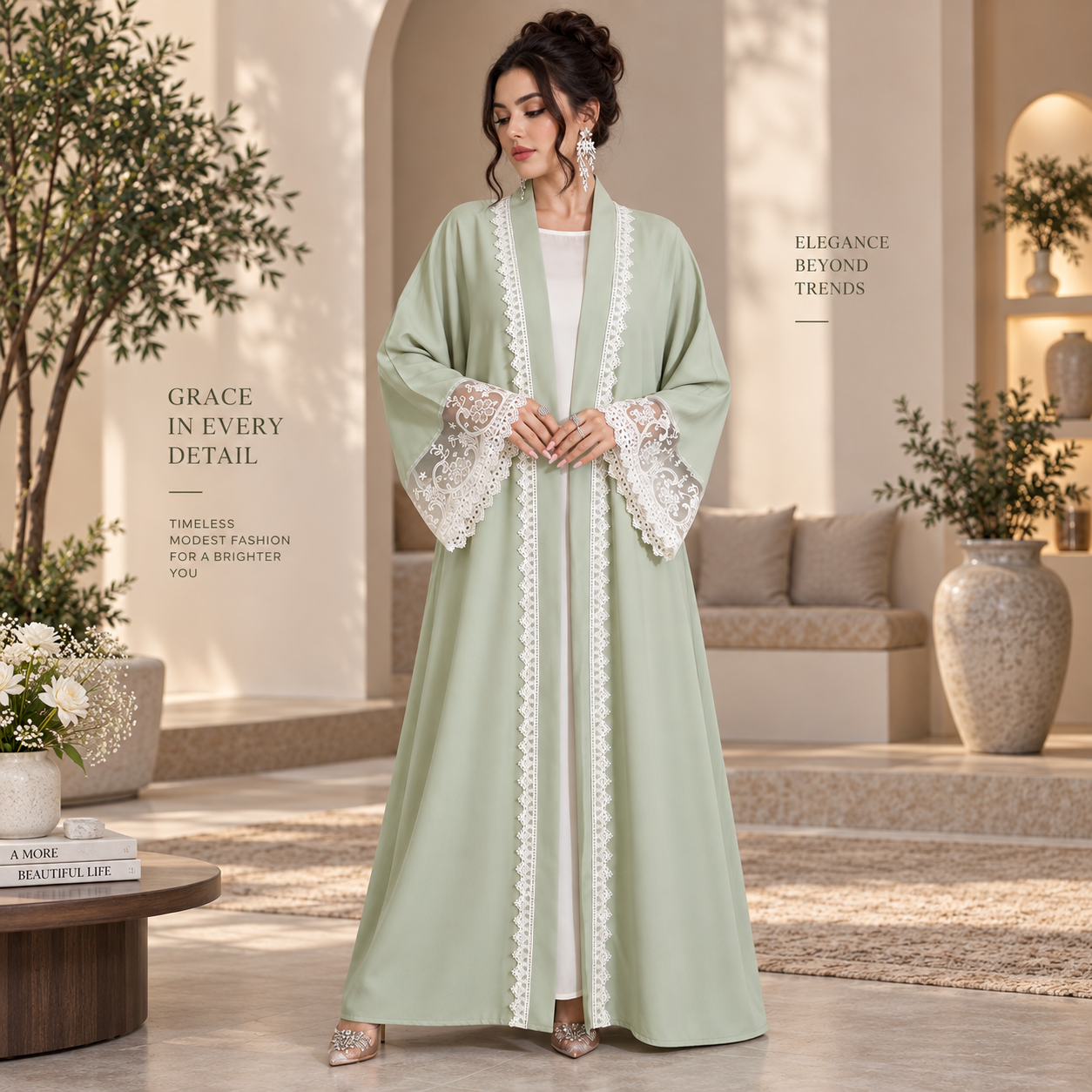 Women’s sage green open-front abaya with white lace trim and lace cuffs