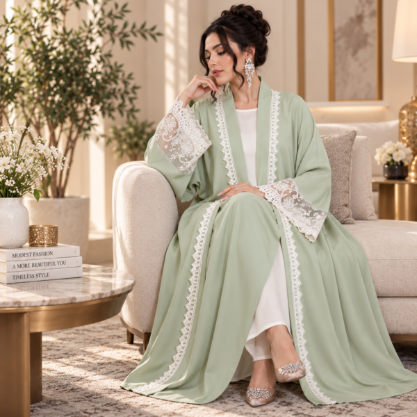 Women’s sage green open-front abaya with white lace trim and lace cuffs