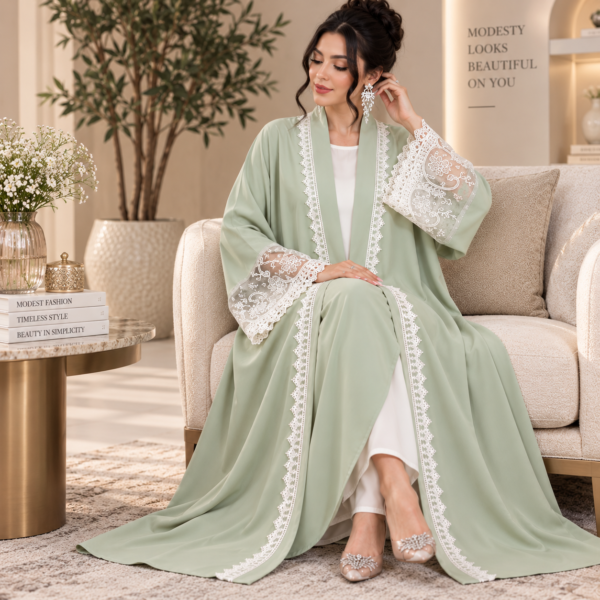 Women’s sage green open-front abaya with white lace trim and lace cuffs