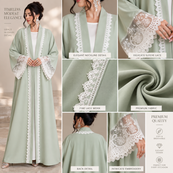 Women’s sage green open-front abaya with white lace trim and lace cuffs