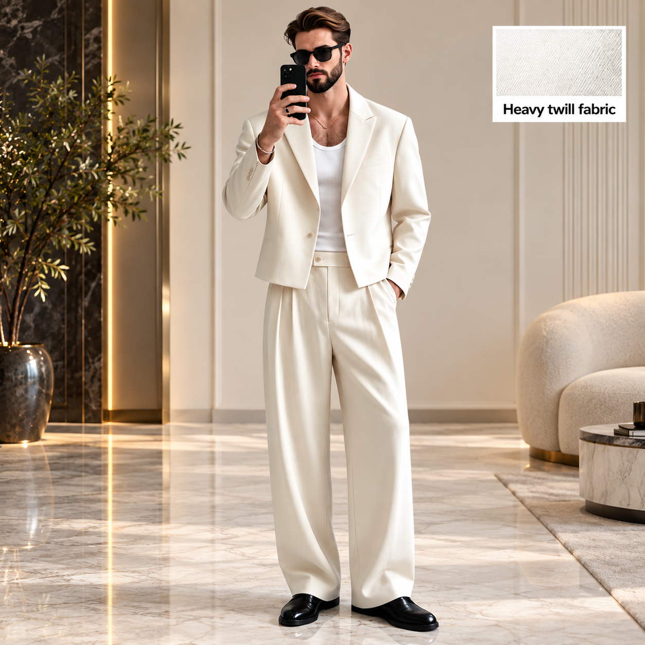 Men’s ivory blazer set with wide-leg trousers