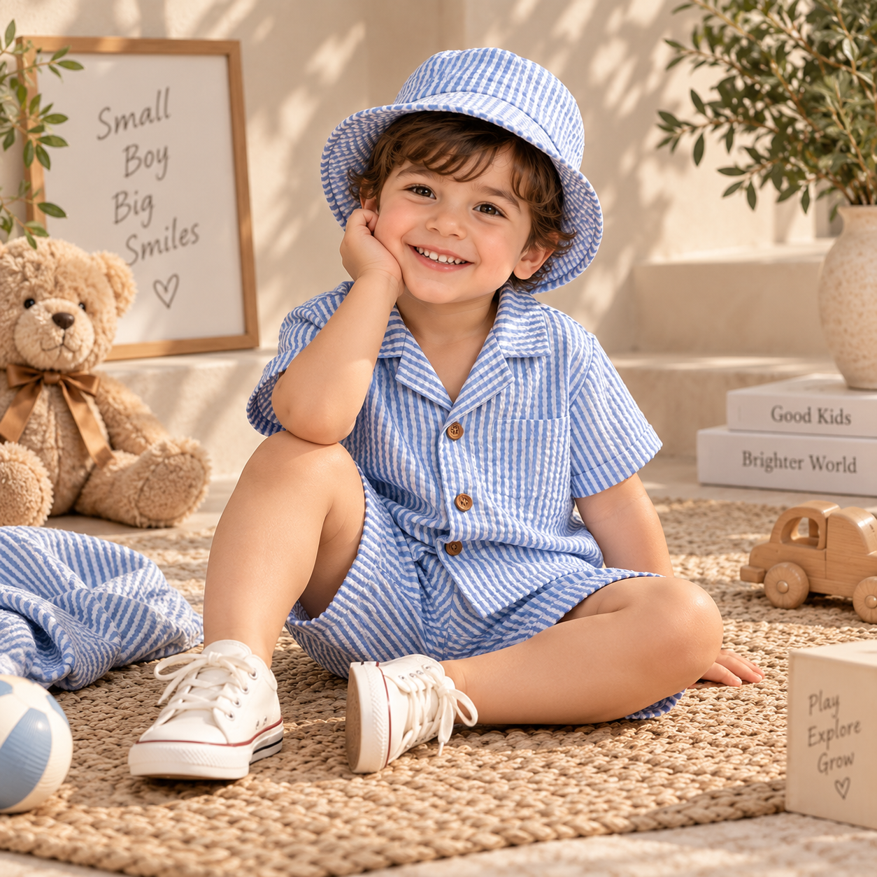 Boys’ blue and white striped shirt and shorts set