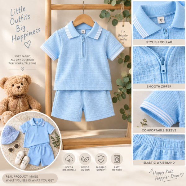 Baby boys’ light blue polo shirt and matching shorts set